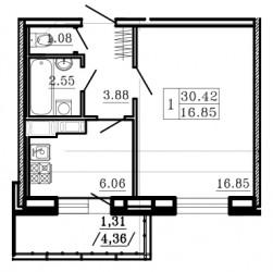 Однокомнатная квартира 32.6 м²